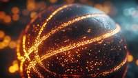 Basketball with glowing golden light trails and particles on dark background, dramatic sports concept with bokeh effect and dynamic energy visualization.
