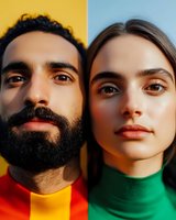 Young man with full dark beard and brown eyes wearing red and yellow striped shirt against yellow background; young woman with brown eyes and red lips in green turtleneck against blue background. Portrait studio.