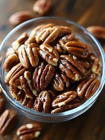 Fresh roasted glazed pecan nuts in glass bowl on wooden background, close up view showing rich brown color and glossy coating for food packaging and menu design.