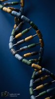DNA double helix structure with colorful genetic code segments on blue background for biotechnology and medical research applications.