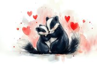 Romantic pair of skunks cuddling together surrounded by red hearts in watercolor style, expressing love and affection on soft pink background.