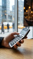 Businessman hand holding calculator in modern office with city view background for financial planning and budget calculations.