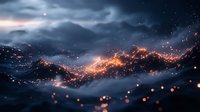 Glowing light particles flowing through dark clouds and mist, creating an ethereal wave of golden and blue luminescence against a night sky.