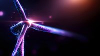 Futuristic wind turbine with glowing digital particles against dark background, representing renewable energy technology and sustainable power generation.