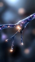 Glowing neural network synapse with electrical impulses and light effects on dark background for medical and scientific presentations.