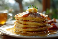Stack of golden buttermilk pancakes topped with melting butter, maple syrup and fresh parsley garnish, served for breakfast with natural morning lighting and bokeh effect.