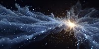 Cosmic explosion with glowing light burst in deep space, blue energy waves radiating through starry universe against black background.