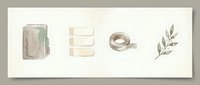 Minimalist watercolor elements set with books, letter E, coffee cup and botanical leaf branch in neutral earth tones for modern design projects.