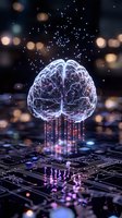 Glowing digital brain with neural connections floating above circuit board, streaming data visualization with purple light effects and bokeh background.