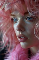 Close-up portrait of young woman with bright blue eyes, freckles, and pink curly hair wearing fluffy pink feathers, captured in dramatic lighting and soft focus.
