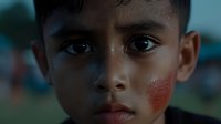 Young boy with face paint and intense gaze looking directly at camera in dramatic lighting, showing emotion and determination against blurred background.