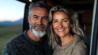 Mature couple with gray hair and genuine smiles sharing intimate moment. Man with well-groomed beard and woman with long wavy hair wearing cozy sweaters outdoors at sunset.