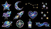 Cosmic space elements collection with glowing stars, crescent moon, rocket ship, planet, heart, constellation, lantern and banner isolated on transparent background. Ready for t-shirt design, clipart, stickers, sublimation and print-on-demand projects.