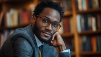 Young African American businessman wearing glasses and suit jacket poses thoughtfully in library setting with warm lighting and bookshelves background. Professional portrait.