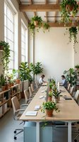 Bright modern office workspace with wooden conference table, neutral chairs, and abundant hanging plants from exposed beam ceiling, two professionals working at desks surrounded by greenery for corporate or creative environment.