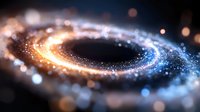 Spiral galaxy with glowing particles and bokeh effects in deep space, featuring orange and blue cosmic dust swirling around dark center against black background.