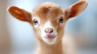 Close-up portrait of young ginger goat kid with large ears and gentle expression against soft blurred background.