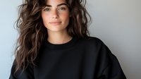 Young woman with wavy brown hair and natural makeup wearing black sweatshirt smiling at camera against light gray background. For fashion, beauty and lifestyle content.