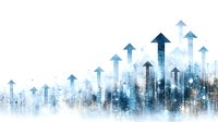 Business growth concept with upward arrows over modern city skyline showing success, progress and development in corporate finance and economy.