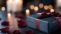 Elegant gift box with burgundy ribbon and rose petals on dark background with soft bokeh lights creating romantic holiday atmosphere for special occasions.
