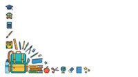 Back to school supplies arranged in vertical line on white background, including graduation cap, globe, notebook, paintbrush, backpack, books, pencils, apple, and educational icons for classroom design projects.