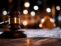 Wooden judge gavel on construction blueprints with bokeh lights background, representing legal disputes in construction and real estate industry.