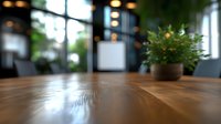 Wooden table surface with natural grain texture in foreground, blurred modern restaurant interior with plants and ambient lighting in background, selective focus.