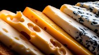 Variety of cheese slices arranged in diagonal rows showing textures and holes, from yellow cheddar to white cheese with black spots, macro food photography.