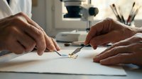 Elderly hands using precision tools to restore a delicate artifact on a white surface, with a microscope and brushes in the background.