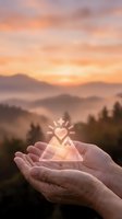Hands holding glowing mountain heart symbol at sunrise with misty landscape background representing nature conservation and environmental protection.