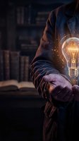 Person holding glowing lightbulb with magical particles, symbolizing innovation, creativity, and bright ideas for business, education, and entrepreneurship concepts.
