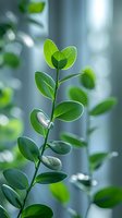 Fresh green leaves on branch with morning dew drops against soft blue background, macro nature photography showing growth and vitality in vertical composition.