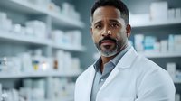 African American male pharmacist in white coat standing confidently in modern pharmacy with medication shelves in background, professional healthcare setting.