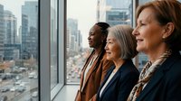 Diverse group of three professional women standing by large office window overlooking urban cityscape, representing teamwork, leadership, and corporate success in modern workplace environment.