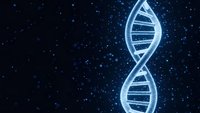 Glowing DNA double helix structure floating in dark space with blue particles, representing genetic research, biotechnology and molecular science concepts.
