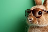 Close up portrait of adorable brown bunny wearing glasses against green background, funny pet concept showing intelligence and wisdom in animals.