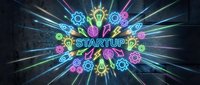 Neon startup concept with glowing lightbulb and gear icons radiating outward on dark background. Entrepreneurship and innovation theme for business presentations.