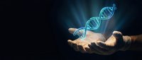 Hands holding glowing DNA double helix structure with blue light effects on dark background for genetic research and biotechnology concepts.