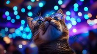 Adorable tabby cat wearing stylish glasses against vibrant bokeh lights background. Perfect for pet care, optical services, and creative design projects.