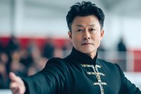 Asian male martial arts instructor in traditional black uniform with decorative clasps demonstrates stance in training studio, professional portrait with blurred background.