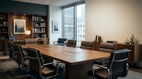 Modern corporate boardroom with wooden conference table and leather chairs overlooking city skyline through large windows for business meetings.