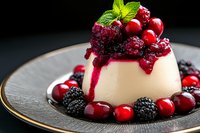 Creamy panna cotta dessert topped with mixed berries and mint on elegant dark plate. Gourmet restaurant presentation for fine dining menus.