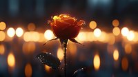 Red rose silhouette against blurred golden bokeh lights background creates romantic mood with water drops on petals in dark atmospheric setting.