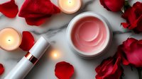 Romantic spa composition with rose petals, pink cream in jar, cosmetic bottle and glowing candles on marble background. Wellness and skincare concept.