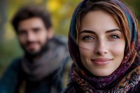 Young Middle Eastern woman wearing colorful headscarf smiling at camera with blurred man in background during outdoor autumn portrait session.