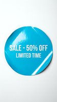 Bright blue circular promotional sticker with sale discount text on white background for marketing campaigns and retail advertising materials.