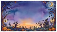Watercolor Halloween night scene with haunted house, pumpkins, bats, spiders, and crescent moon, framed border with copy space for seasonal design.