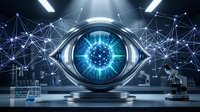 Futuristic digital eye with glowing blue iris surrounded by network connections in high-tech laboratory environment for artificial intelligence concepts.