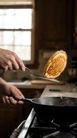 Hands flipping a golden pancake with a spatula over a cast iron skillet on a stove in a rustic home kitchen with steam rising.