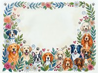 Adorable dog breeds border frame with floral elements, paw prints and hearts on textured background for pet-related designs and greeting cards.